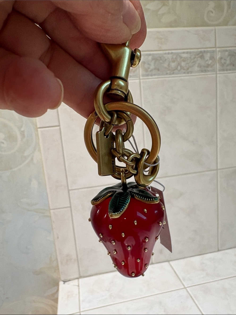 Coach Gold-Tone Strawberry Charm Keychain with Red Enamel Berry - Picture 2 of 5